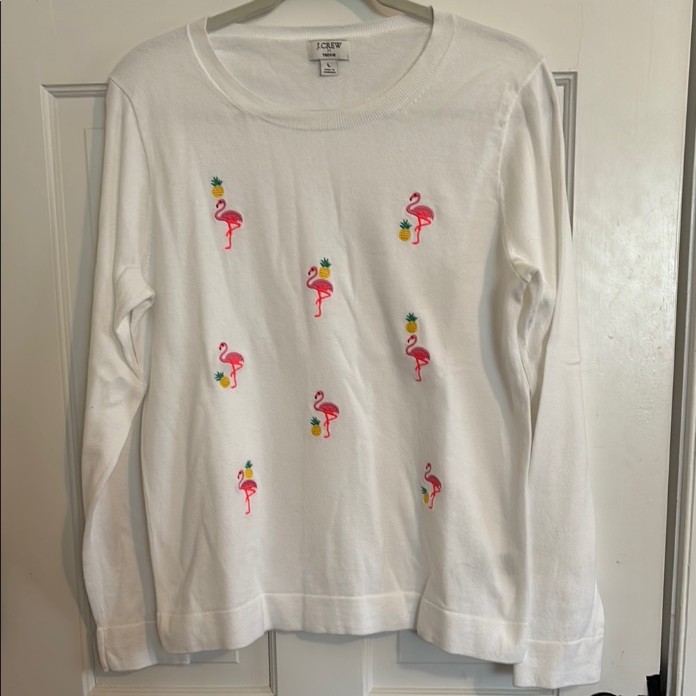 J.Crew White Flamingo Embroidered Sweater